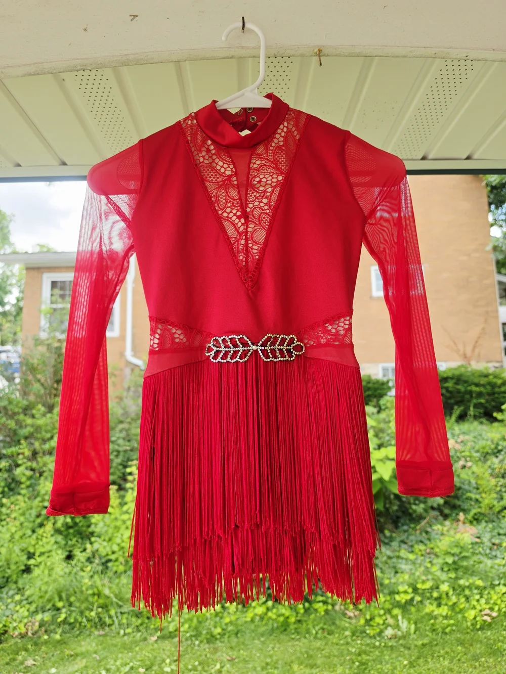 Weissman Red Fringe Dance Costume with Lace and Rhinestone Belt
